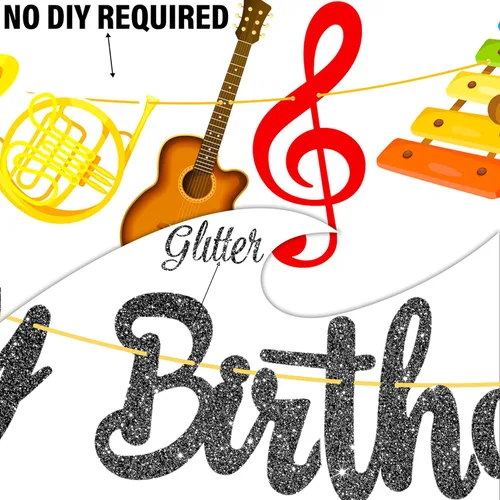Miniatura 3 de Cartel de fiesta de cumpleaños con purpurina negra para instrumentos musicales, guirnalda de instrumentos musicales para tema de músico, suministros