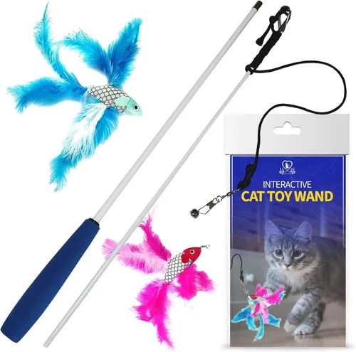 Miniatura 9 de Pet Fit For Life Juguetes de varita de plumas para gatos, juguete interactivo para mascotas de interior, 2 accesorios de plumas, promueve la salud
