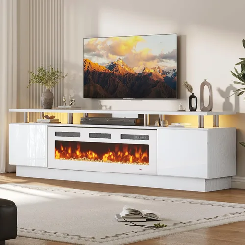 Miniatura 18 de oneinmil Soporte de TV con chimenea de 70 pulgadas para sala de estar, centro de entretenimiento con chimenea eléctrica con luces LED dobles