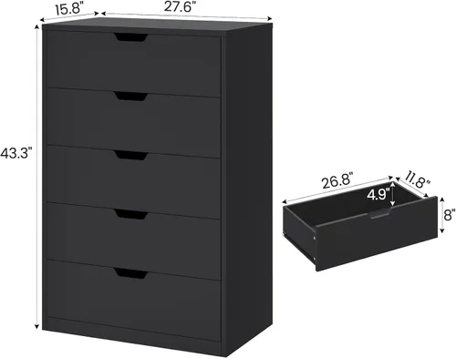 Miniatura 2 de HAUOMS Cómoda alta de 5 cajones, cómoda moderna negra para dormitorio, vestidor de armario con cajones para sala de estar, entrada, pasillo Negro