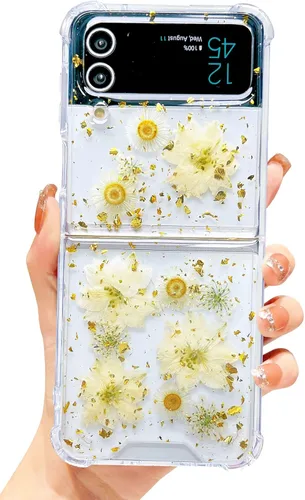 Miniatura 17 de Abbery Funda transparente para Samsung Galaxy Z Flip 3 5G, transparente y con diseño de purpurina bonita con purpurina floral prensada de Rosa