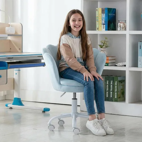 chairus Linda silla de escritorio para niños, de terciopelo, para sala de estar, silla tapizada para adolescentes con respaldo de concha, silla Azul