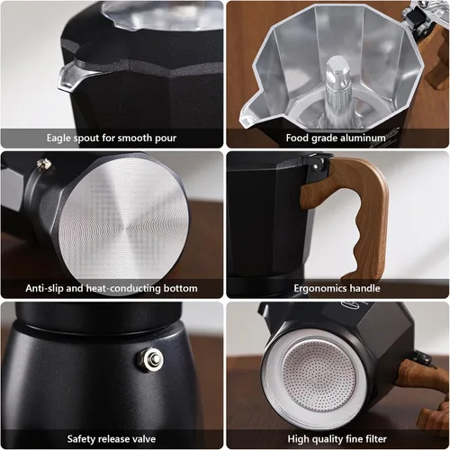 Miniatura 6 de Cafetera espresso para estufa, cafetera italiana para estufa de gas y eléctrica, olla pequeña para café italiano y cubano, 2 tazas de espresso