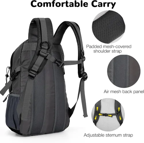 Miniatura 3 de Mochila de senderismo pequeña de 25 L con correa para el pecho para hombres y mujeres, mochila de viaje impermeable, mochila de viaje ligera Negro