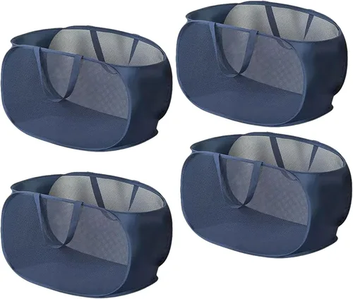 4 Piezas Cesta de Lavandería Desmontable con Malla y Mangos Duraderos, Cestas de Lavandería Plegables, Cesta de Ropa Plegable para Dormitorio Azul