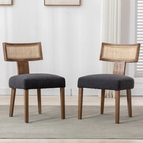 Miniatura 11 de BESTANO Juego de 2 sillas de comedor de ratán, modernas sillas de comedor de madera negra de mediados de siglo, sillas de comedor tapizadas de tela