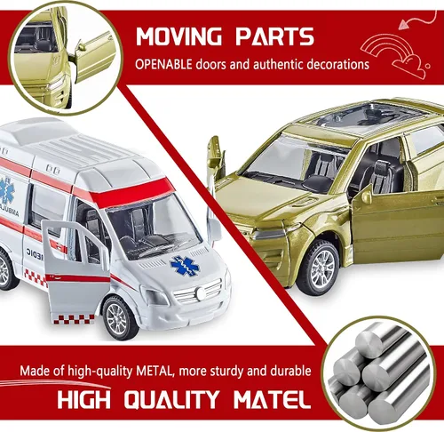 Miniatura 3 de KIDAMI Juego de 5 autos de juguete de metal fundido a presión, puertas que se abren, ambulancia de autos retrocedentes, paquete de regalo para niños