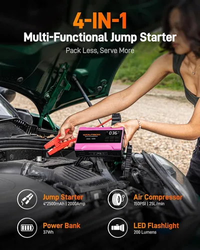Miniatura 2 de WOLFBOX Arrancador de salto de 2000 A con compresor de aire, 37 Wh para batería de automóvil portátil (hasta motor de gas de 5 litros), paquete