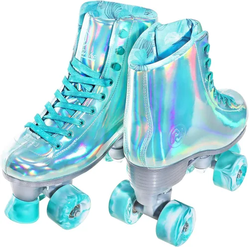 Miniatura 7 de JajaHoho Patines roller para mujeres, patines holográficos, patines de cuatro ruedas de doble fila brillantes para niñas al aire libre (verde)