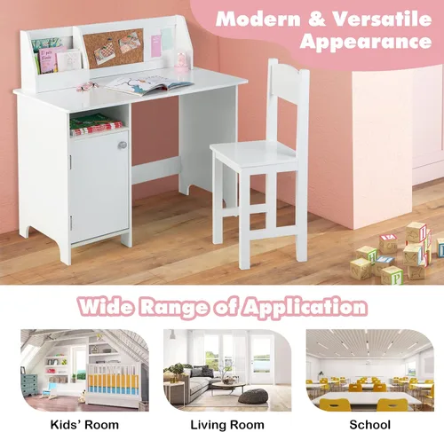 Miniatura 8 de Costzon Juego de escritorio y silla para niños, mesa de estudio de madera para niños con almacenamiento, gabinete, tablero de anuncios de corcho