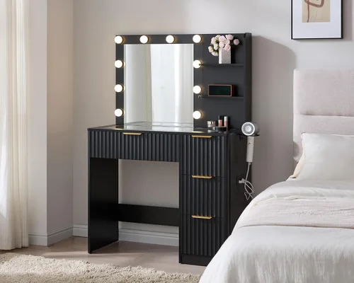 Miniatura 14 de AMERLIFE Escritorio estriado de 47.2 pulgadas con espejo y luces LED ajustables, mesa grande de tocador de maquillaje con 7 cajones con parte Negro