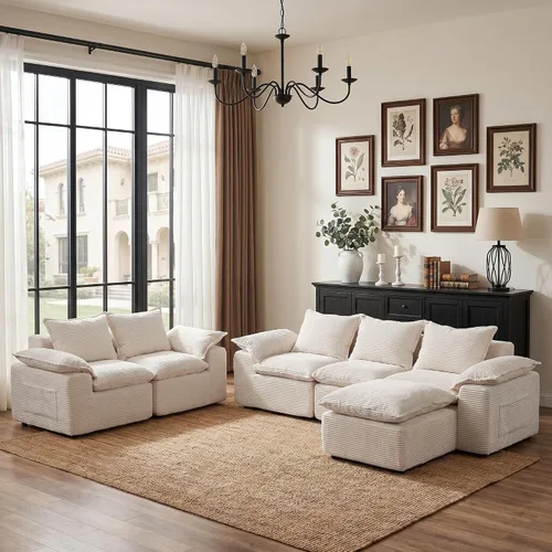Miniatura 11 de Camillas seccionales Cloud de 108 pulgadas para sala de estar, sofá convertible sin hueso en forma de L con otomana, sofá comprimido de 3 plazas