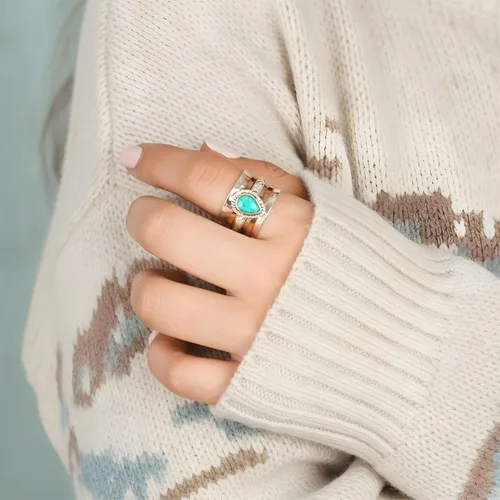 Miniatura 2 de Anillos de turquesa para mujeres y hombres, chapado en plata de ley, joyería bohemia, vintage, natural, delicada, occidental, anillos de piedra
