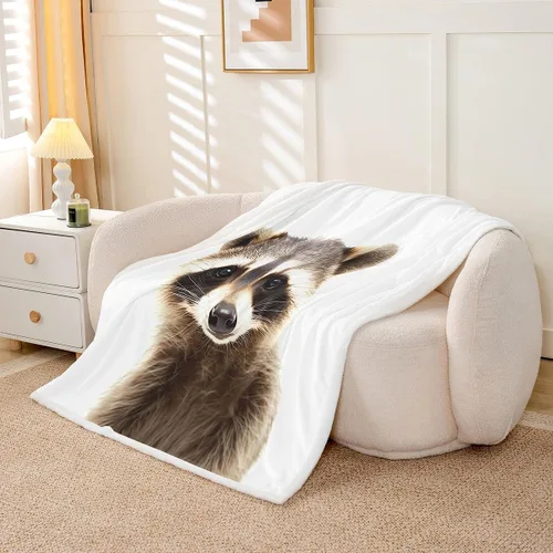 Miniatura 3 de Manta de vellón de felpa con bonito patrón de animales para niños y niñas, manta sherpa con estampado de mapache 3D, manta suave y mullida