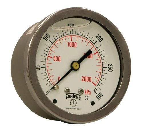 Winters 2-1/2" Tamaño del dial, Medidor de presión industrial lleno de líquido, internos de latón, caja de acero inoxidable 304, doble escala 0-300