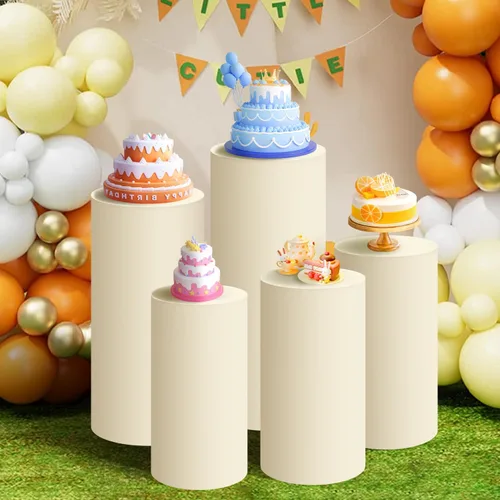 Miniatura 7 de SaitiMade Juego de 3 fundas para pedestal de cilindro beige, fundas de elastano para decoración de fiestas, bodas o eventos de cumpleaños, solo