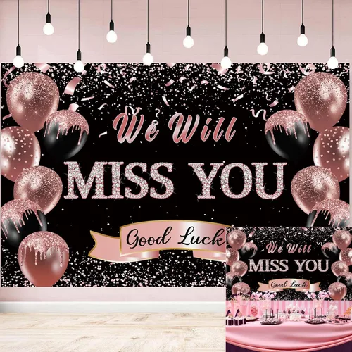Miniatura 7 de Fondo de fiesta de despedida de jubilación We Will Miss You Black Gold Glitter Balloon Photography Background Goodbye Going Away Retirement Bye