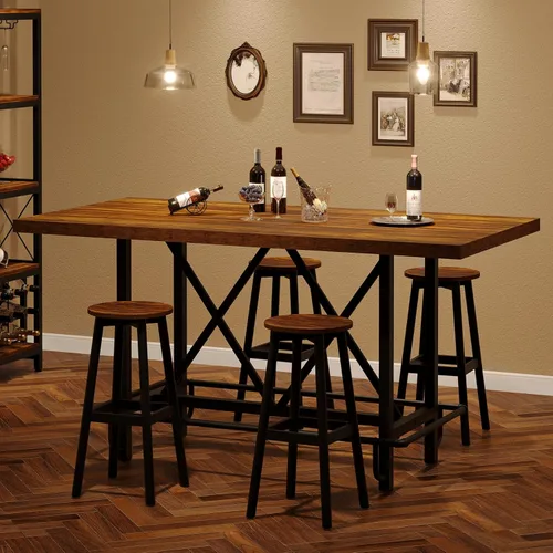 Miniatura 4 de Tribesigns Mesa de bar, mesa de pub industrial de altura de mostrador con reposapiés de metal, mesa de comedor rectangular de madera de 63 pulgadas