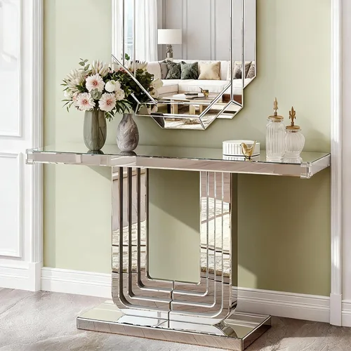 Miniatura 14 de Mesa Consola Negra con Espejo, Mesa de Sofá de Cristal Rectangular de 48 pulgadas con Elementos Tallados Vintage con Espejo, Muebles de Espejo