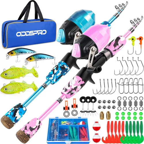 Miniatura 21 de ODDSPRO Caña de pescar para niños, color rosa, kit combinado de caña de pescar telescópica portátil y carrete - con caja de aparejos de pesca