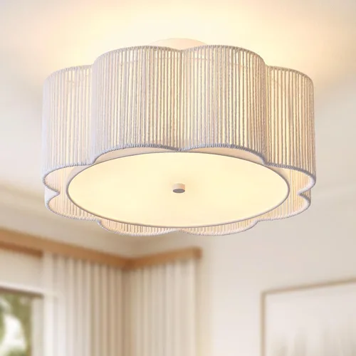Miniatura 9 de Lámpara de Techo Empotrada de Ratán de 17.7", Luminaria de Techo Boho de 3 Luces Cerca del Techo, Lámpara de Techo de Ratán para Dormitorio, Amarillo