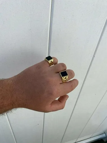 Miniatura 7 de Anillo de oro de 14 quilates sobre plata de ley 925 maciza real, anillo de ónix negro natural, anillo rectangular de hip hop, precioso anillo