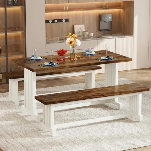 Miniatura 4 de Tribesigns Juego de mesa de comedor de 47 pulgadas para 4, mesa de cocina de 3 piezas con 2 bancos, muebles de cena de madera de granja