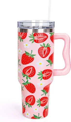 Miniatura 14 de Whaline Vaso patriótico del 4 de julio de 40 oz con asa, pajita y tapa, estrellas y rayas en rojo, azul y bandera de EE. UU., vaso de viaje del día