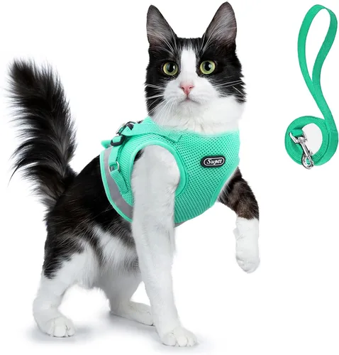 Miniatura 7 de Supet Juego de arnés y correa para gatos, arnés de malla suave ajustable para gatos con correa reflectante para caminar gato y cachorro conejo