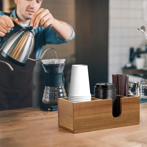 Miniatura 6 de Organizador de tazas de café de madera de acacia ALELION para mostrador - Accesorios y organizador de barra de café de madera - Organizador