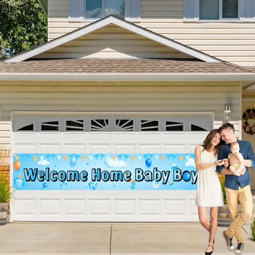 Miniatura 6 de Labakita Cartel de bienvenida a casa para bebé niño, pancarta grande para baby shower, decoración azul para baby shower, revelación de género