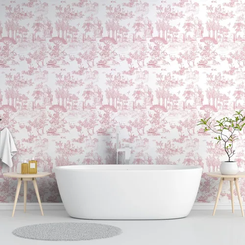 Miniatura 4 de WENMER Papel Tapiz Toile, 17.7" X 118" Rosa y Blanco Despegar y Pegar Papel de Pared, Papel Tapiz Toile de Jouy, Papel de Contacto Vintage Francés