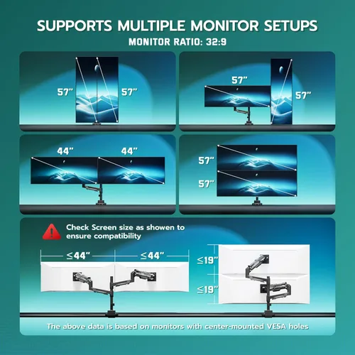 Miniatura 7 de ARES WING Heavy Duty Gas Spring Dual Monitor Mount, Adjustable Stacked Desk Mount for 2 Ultrawide Screens up to 57 Inch with USB A/C Charging Ports