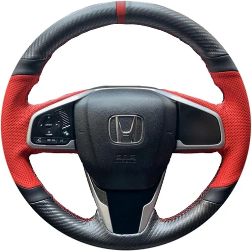 Cubierta de volante de cuero perforado rojo con fibra de carbono mate negro para Honda Civic 2016-2021/CR-V 17-21/Clarity 16-18/Breeze
