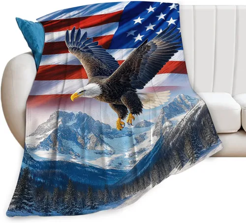 Manta de bandera estadounidense y águila, regalos para niñas, niños, manta de vellón de águila calva, suave, cálida, mullida, patriótica, de