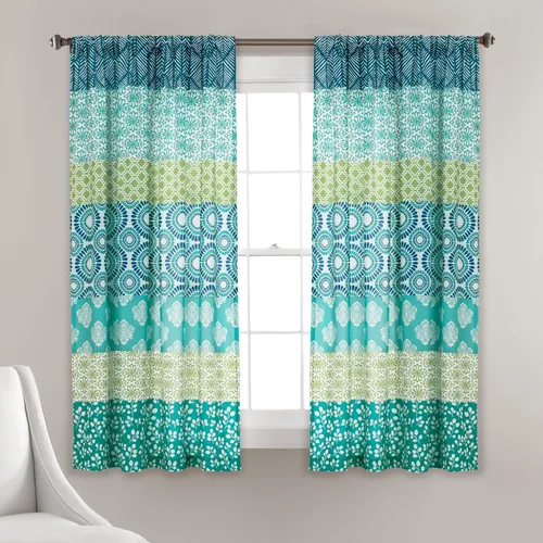 Lush Decor Paneles de cortina de ventana a rayas bohemias, par de 52 pulgadas de ancho x 63 pulgadas de largo, color azul y verde, cortinas de