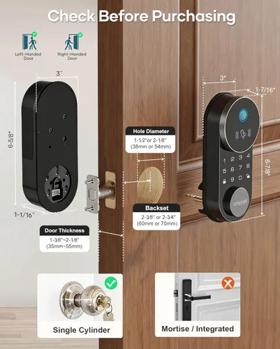 Miniatura 6 de SMONET Smart Lock AH1, cerradura de puerta de entrada sin llave con llave Apple Home, cerradura WiFi para puerta delantera, teclado de pantalla