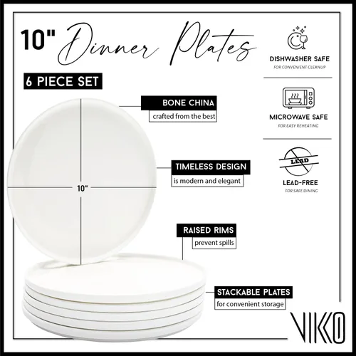 Miniatura 4 de Vikko Plato llano, juego de 6 platos blancos, elegante porcelana de hueso con borde elevado, platos llanos apilables de 10 pulgadas, apto