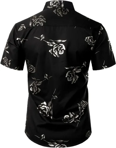 Miniatura 3 de ZEROYAA - Camisas de vestir de manga corta con estampado de rosa dorada para hombre, estilo hipster, calce ajustado, con botones