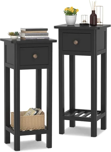 Miniatura 11 de Giantex - Mesa auxiliar alta con cajón y estante, mesa auxiliar estrecha de dos niveles, mesa de noche de madera de acacia para sala de estar, mesa