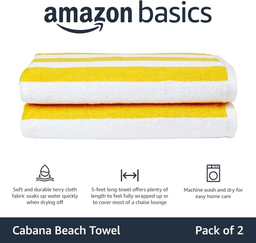 Miniatura 2 de Amazon Basics Cabana Stripe - Toalla de playa (2 unidades), color amarillo, 60 x 30 pulgadas