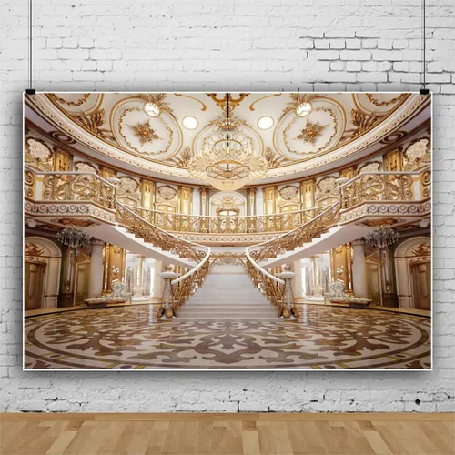 Miniatura 9 de Lujoso telón de fondo de castillo de palacio para fotografía, 10 x 8 pies, lámpara de araña de palacio dorado europeo, escalera, fondo de foto