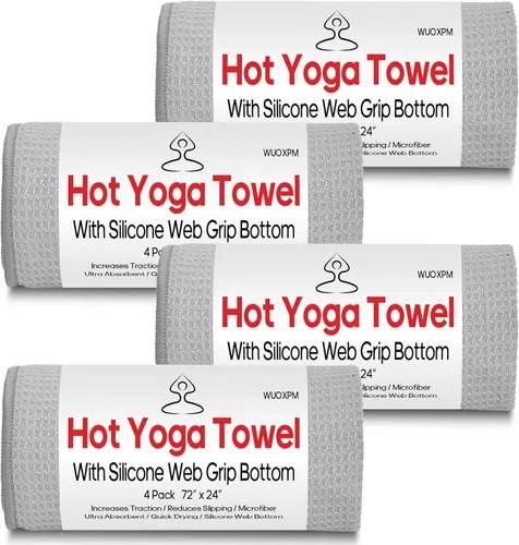 4 Pack Toalla de Yoga Caliente con Puntos de Agarre, Toalla de Yoga Antideslizante Stickyfiber, Microfibra Absorbente para Yoga Caliente, Bikram,