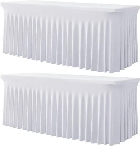 Miniatura 69 de Paquete de 2 manteles de spandex para mesas rectangulares de 8 pies, mantel elástico rosa de 8 pies, manteles ajustados, falda de mesa para fiestas