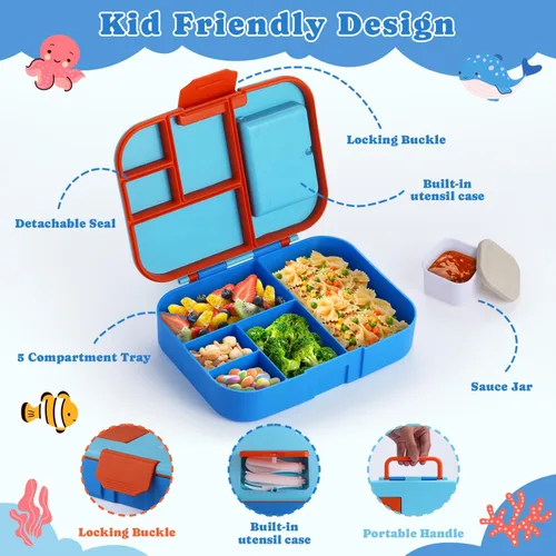 Miniatura 4 de QQKO Lonchera Bento para niños, lonchera para adultos, contenedores para niños y niñas con 5 compartimentos, contenedor de comida con utensilios