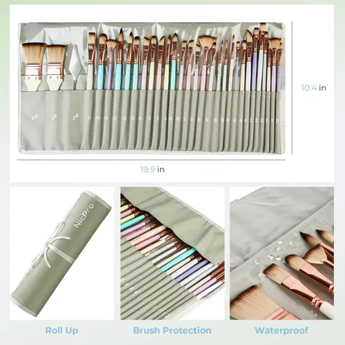 Miniatura 6 de Nicpro Juego de 30 pinceles de pintura, pinceles estéticos pastel con espátula de pintura y rollo de tela, pinceles de pintura para pintura