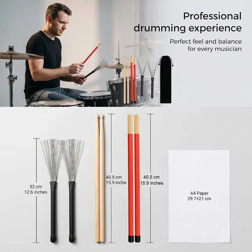 Miniatura 5 de Tbrand Baquetas de tambor 1 par de baquetas de madera de arce 5A, 1 par de cepillos retráctiles para tambor y 1 par de cepillos de tambor