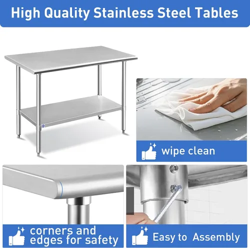 Miniatura 6 de ROCKPOINT Mesa de acero inoxidable para preparación y trabajo, 14x24 pulgadas; mesa de cocina comercial de metal NSF resistente con estante inferior