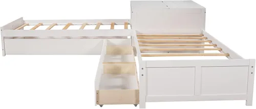 Miniatura 9 de Moderna cama de plataforma en forma de L con nido y cajones, cama de plataforma de madera de tamaño individual con mesa cuadrada abatible White#w