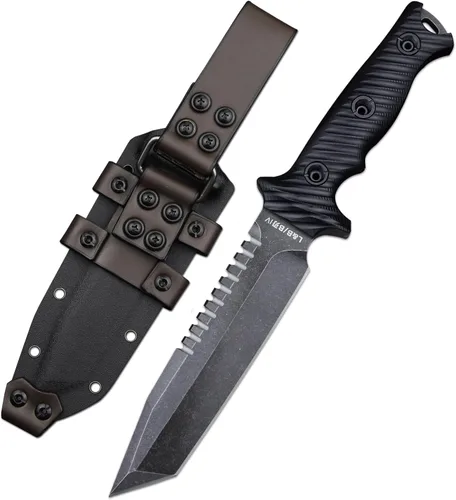 Hoja fija Tang Jungle Primitive Tanto Tang Tang Tactical de 11.5 pulgadas, diente dorsal afilado y cuchillo de supervivencia de campamento, mango de